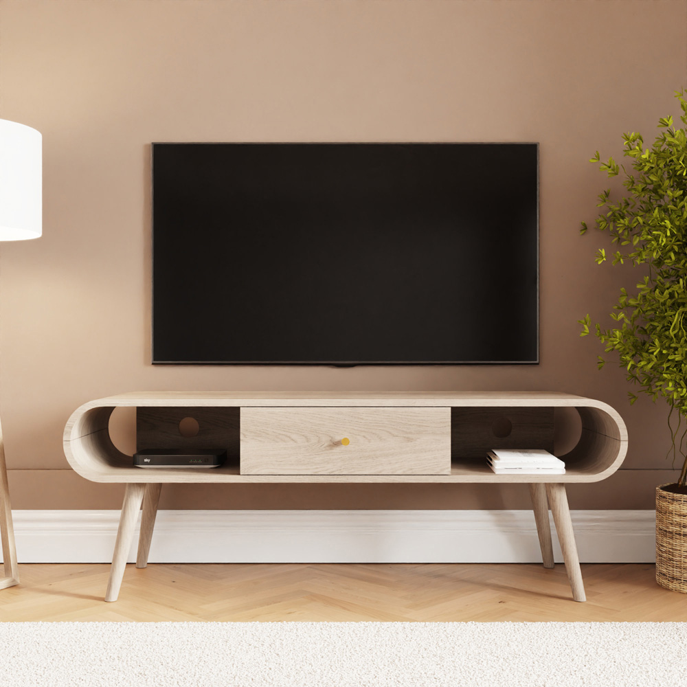 GFW Vionna Single Drawer Single Shelf Natural Oak Curved TV Unit Image 7