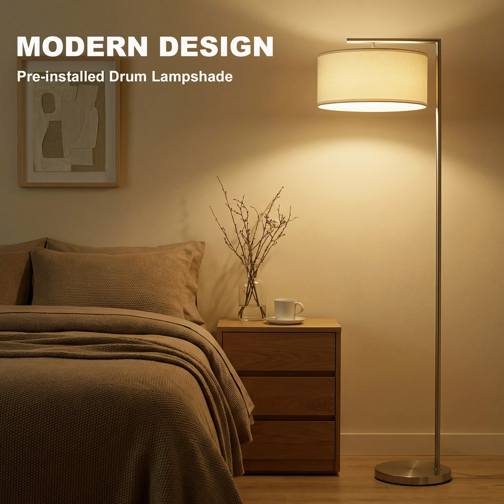 Portland White Linen Shade Silver Tone Pole LED Floor Lamp Image 5