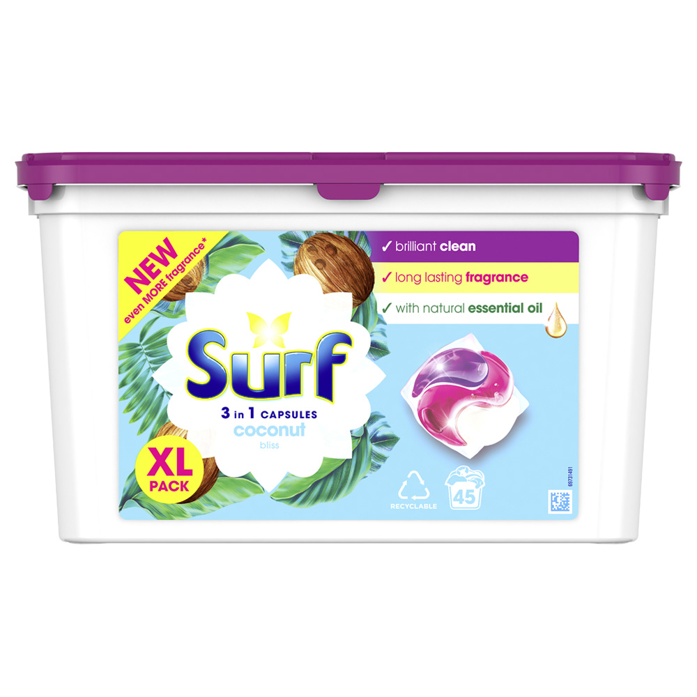 Surf 3 in 1 Coconut Bliss Laundry Washing Capsules 45 Washes Image 1