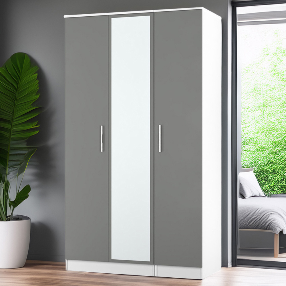 Crowndale Contrast 3 Door Dusk Grey and White Tall Mirrored Wardrobe Ready Assembled Image 1