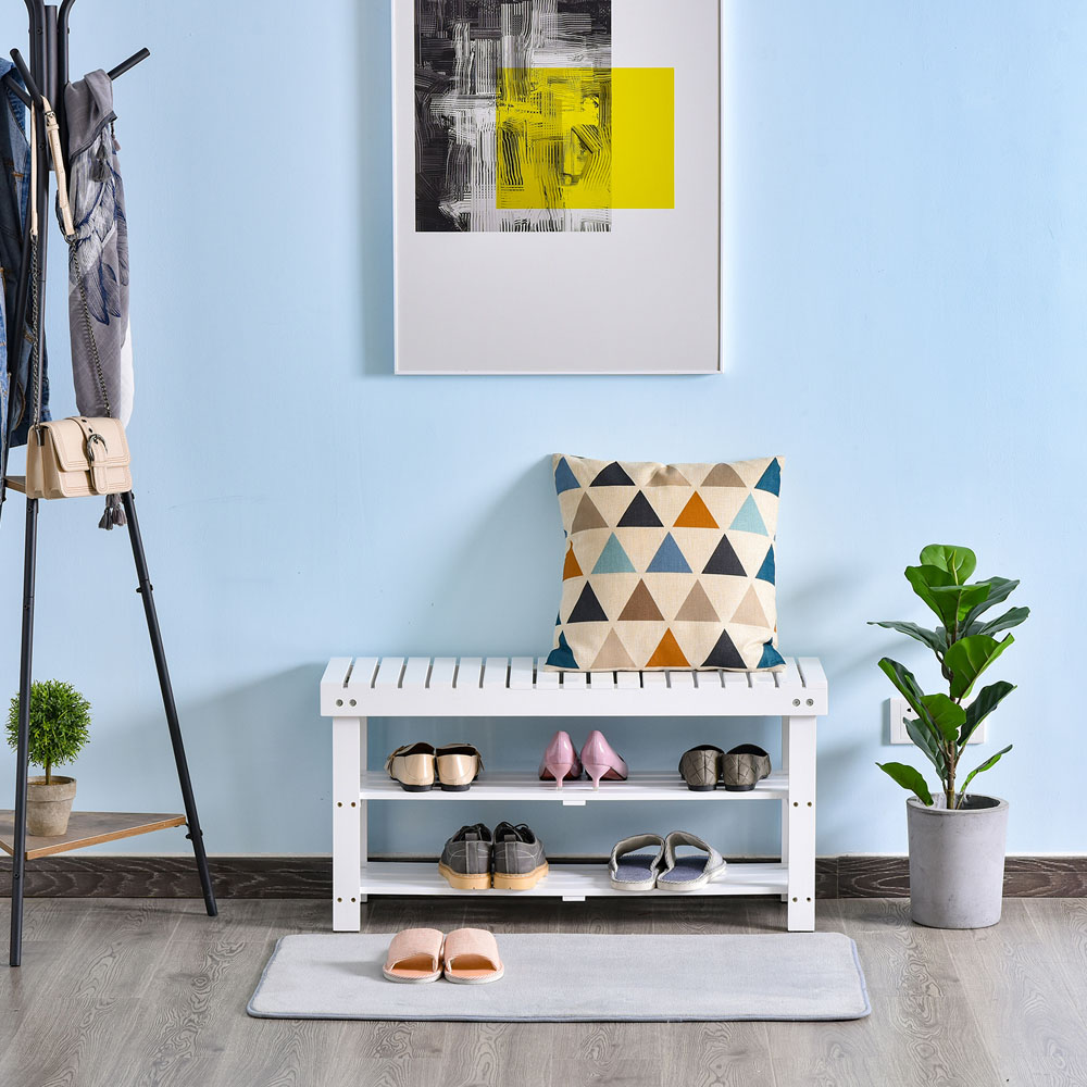 Portland White Wooden Shoe Bench with Slatted Shelves Image 4