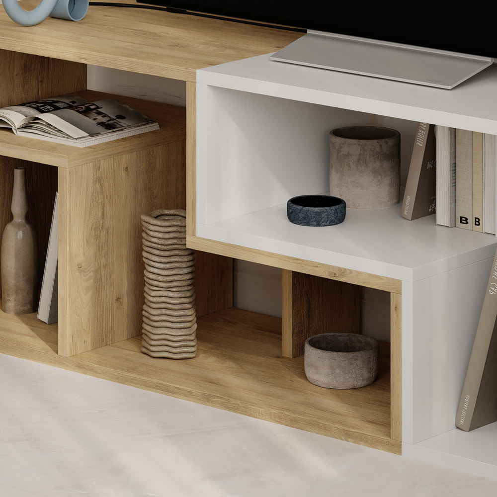 Decortie Glis 6 Shelf Oak and White Modern Adjustable Corner TV Unit Image 3