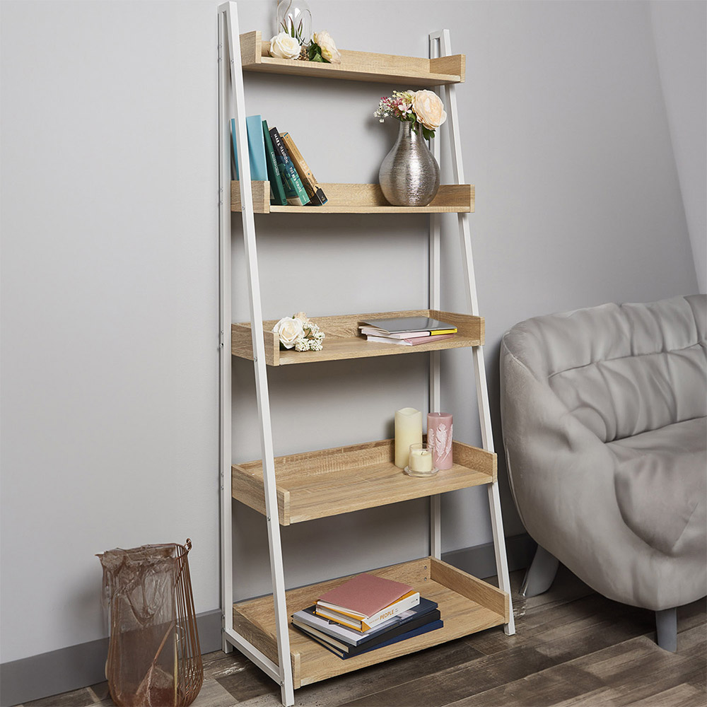 Harlow 5 Shelves White and Light Oak Metal Bookcase Image 1