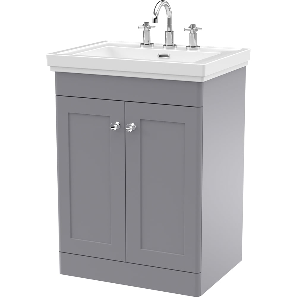 nuie Classique 2 Door Satin Grey Floor Standing Vanity Unit and 3 Tap Hole Fireclay Basin 600mm Image 1