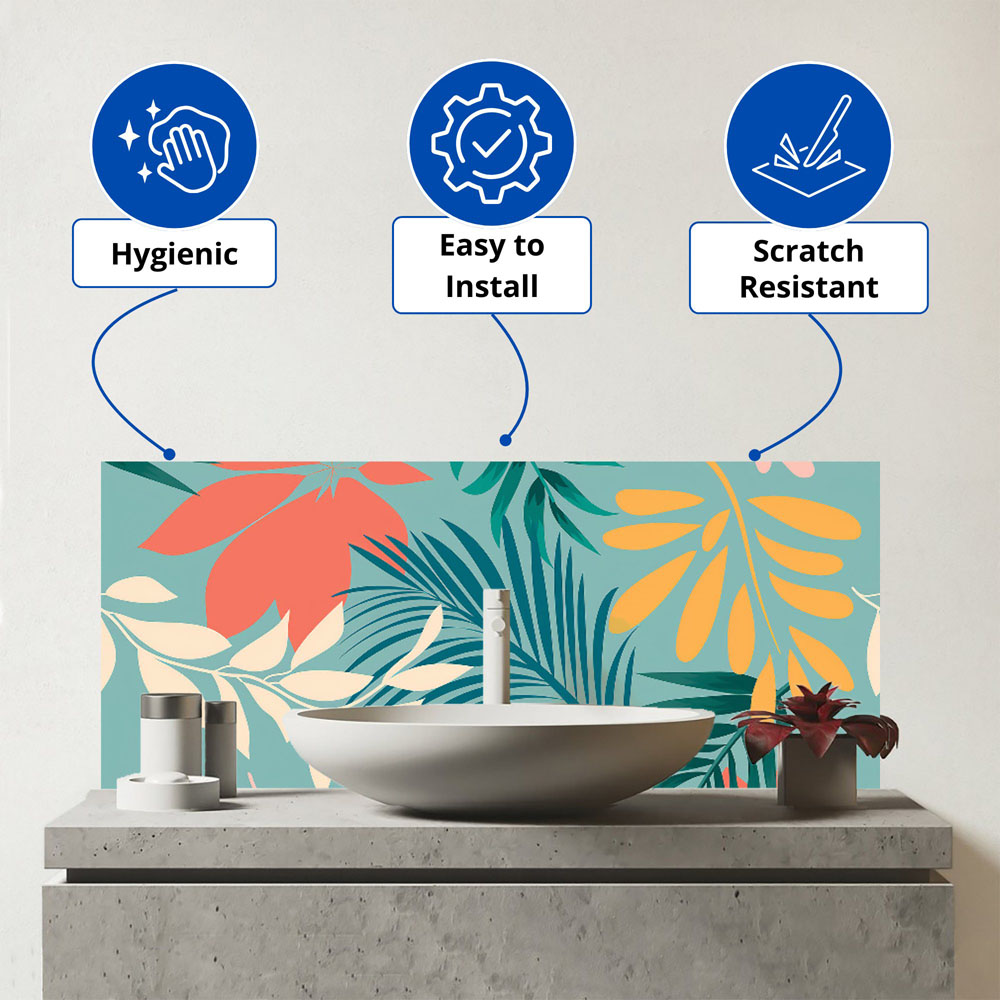 Warren Reed Designer Abstract Bright Colourful Tropical Leaves Glass Bathroom Splashback 25 x 60cm Image 3