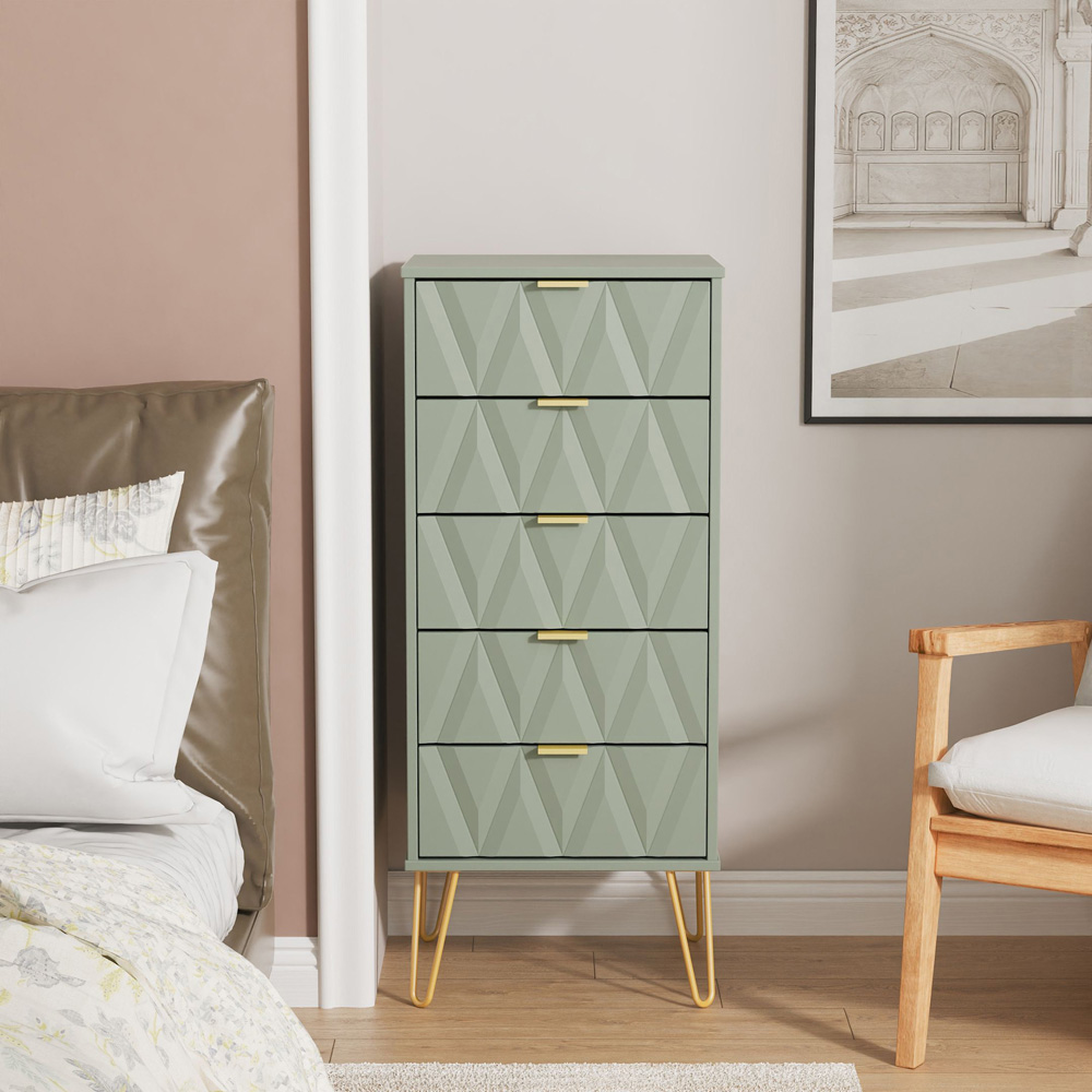 Crowndale Diamond 5 Drawer Reed Green Tall Bedside Cabinet Ready Assembled Image 7
