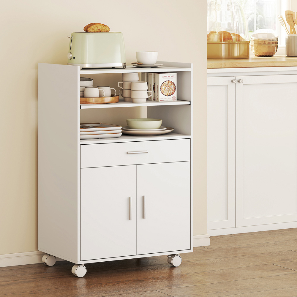 HOMCOM 2 Door Single Drawer 3 Shelf White Modern Mobile Microwave Cabinet Image 7