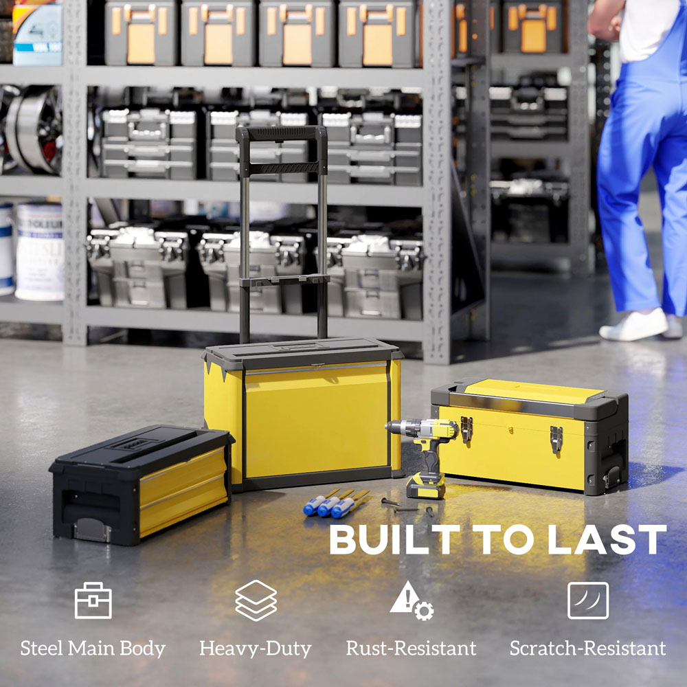 HOMCOM 3 Tier Yellow Stackable Steel Tool Box with Wheels Image 8