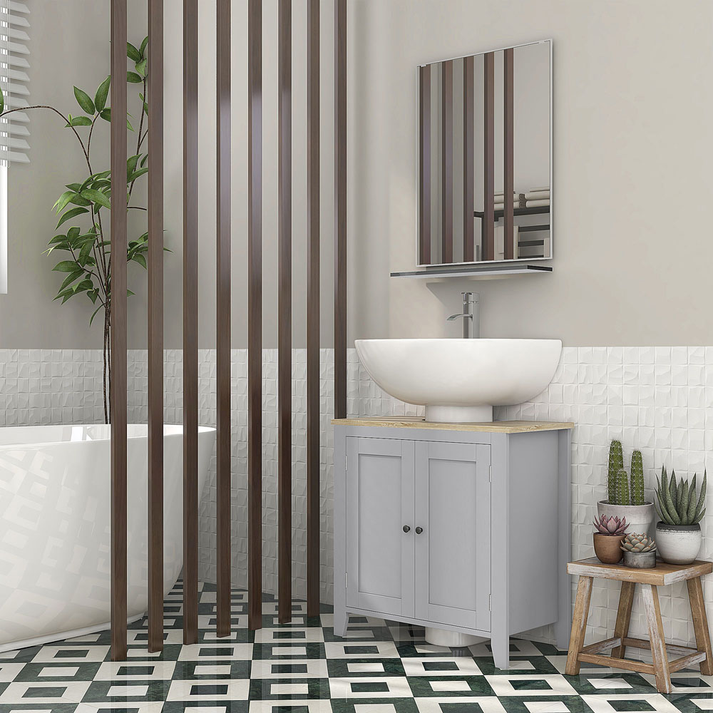 Kleankin 2 Door Grey Bathroom Pedestal Under Sink Cabinet with Adjustable Shelf Image 4