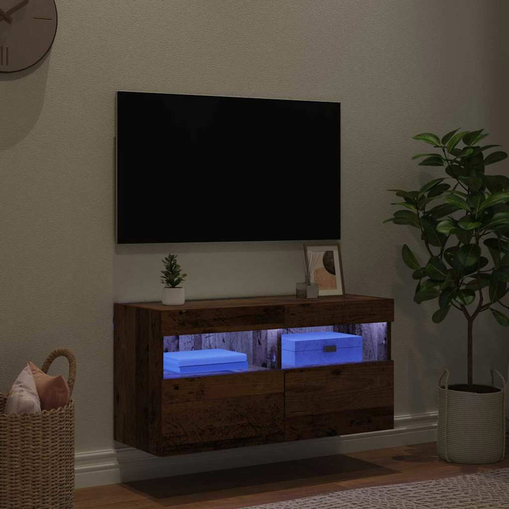 vidaXL 2 Door 2 Shelf Old Wood Wall Mounted TV Cabinet with LED Light Image 5