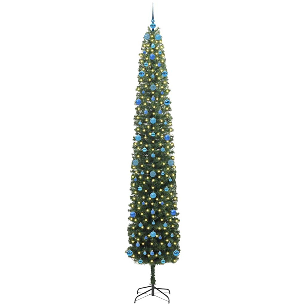 vidaXL Green Artificial Christmas Tree with LEDs Blue Decoration Ornaments 9ft Image 1