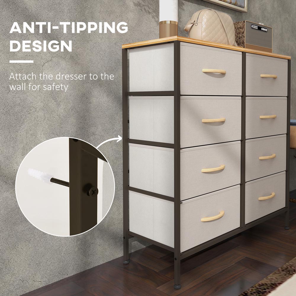 Cream Drawers HOMCOM 8 Drawer Cream Fabric Chest of Drawers with Wooden Top | Wilko