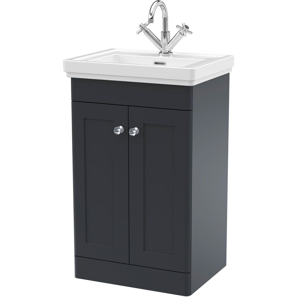 nuie Classique 2 Door Soft Black Floor Standing Vanity Unit and 1 Tap Hole Fireclay Basin 500mm Image 1