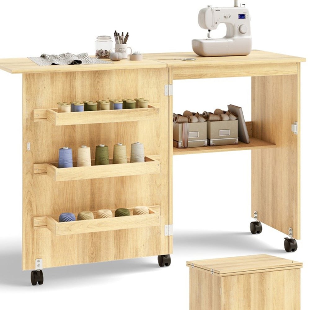 Costway Beige Folding Sewing Table with Storage Shelves Image 3