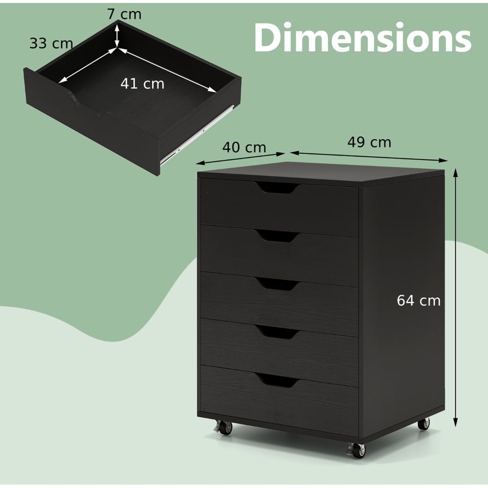 Costway 5 Drawer Black Chest of Drawers with Lockable Wheels Image 9