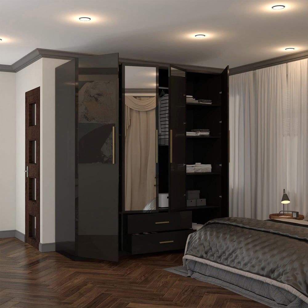 Sliding Wardrobes 4U XD1 4 Door 2 Drawer Black High Gloss Gold Handle Mirror Wardrobe Image 4