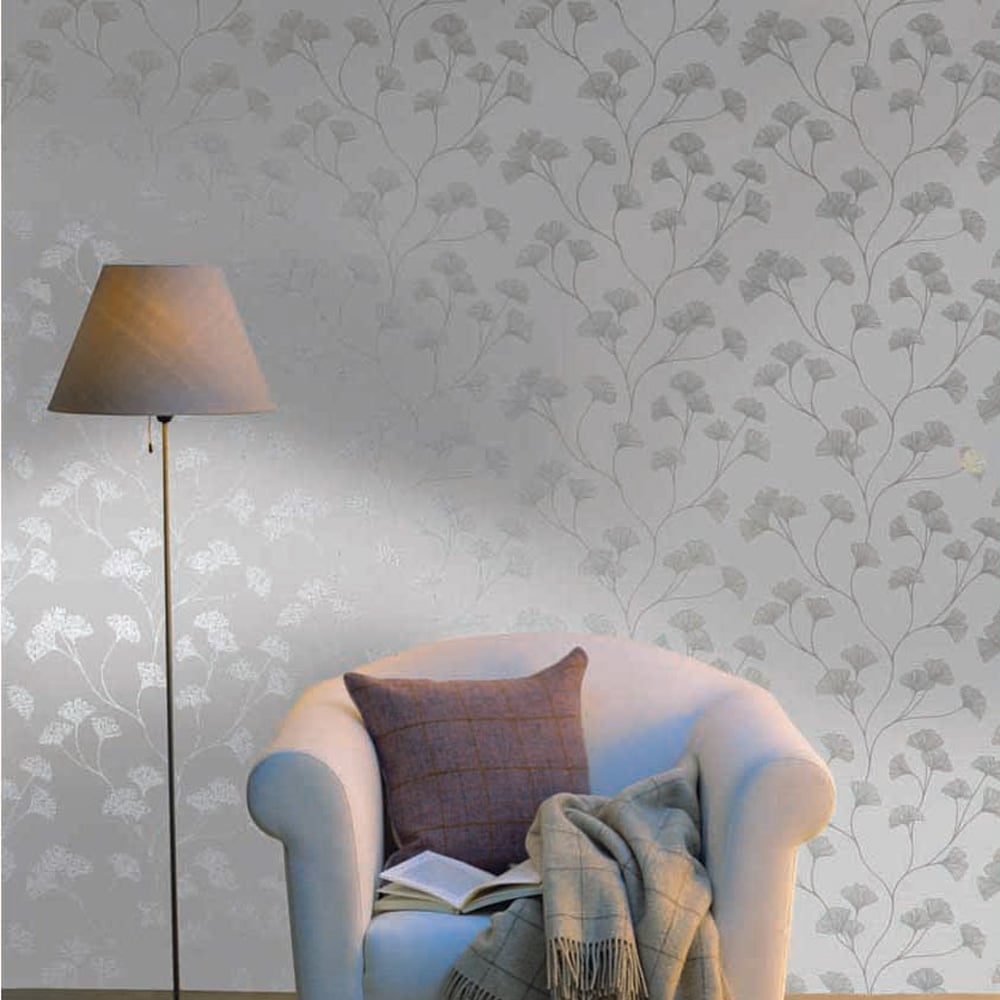 Holden Decor Glistening Ginkgo Grey Silver Wallpaper Image 3