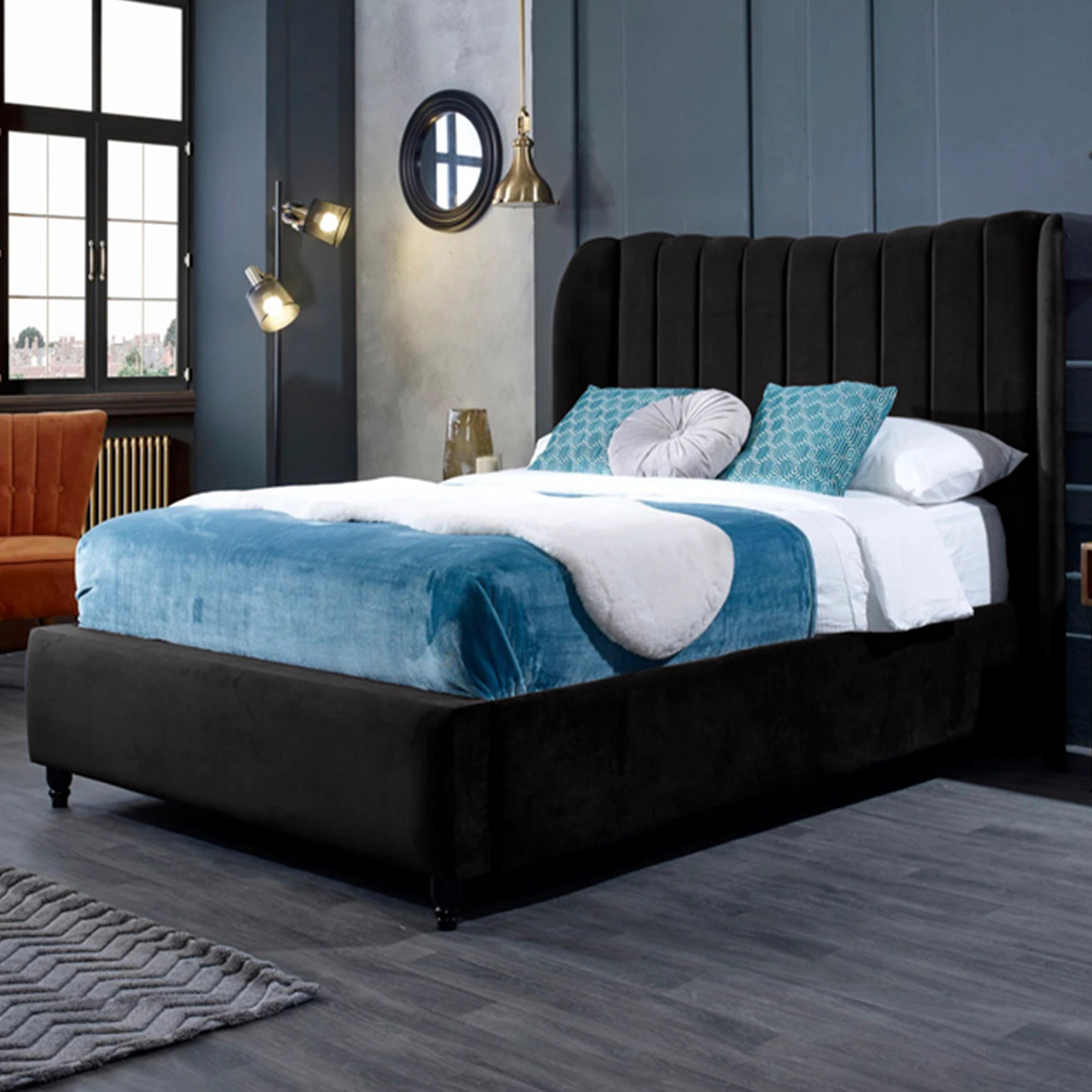 Eleganza Home Carli King Size Black Plush Velvet Bed Frame with Lined Headboard Image 1
