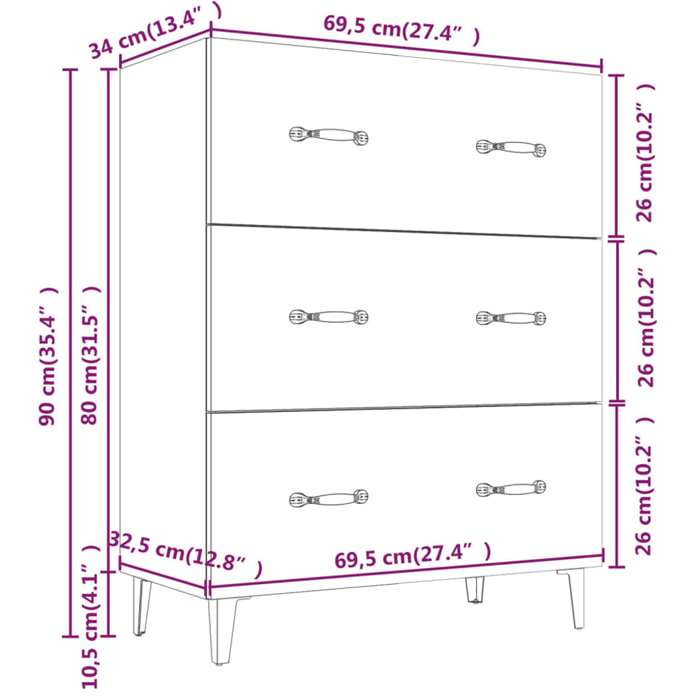 vidaXL 3 Drawer Smoked Oak Sideboard Image 8