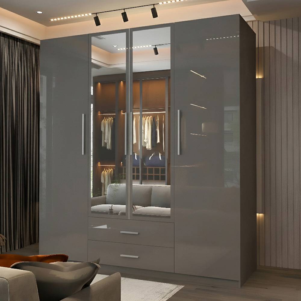 Sliding Wardrobes 4U 4 Door 2 Drawer Grey High Gloss Hinge Door Wardrobe 160cm Image 1