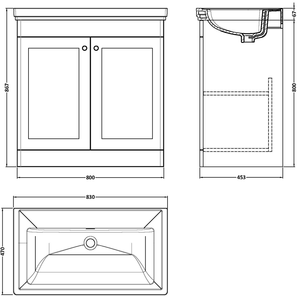 nuie Classique 2 Door Satin Green Floor Standing Unit and 0 Tap Hole Fireclay Basin 800mm Image 3