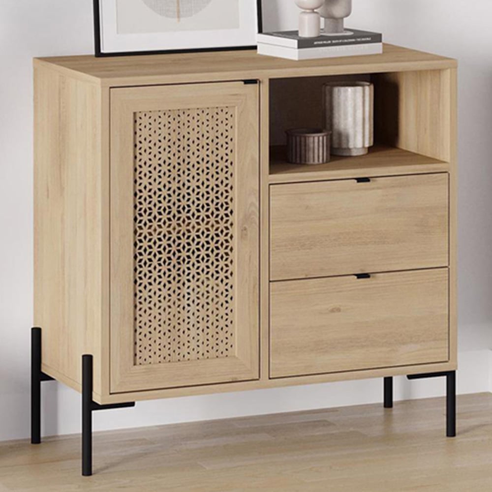 FWStyle Naïve Single Door 2 Drawer Oak Laser Cut Storage Unit Image 1