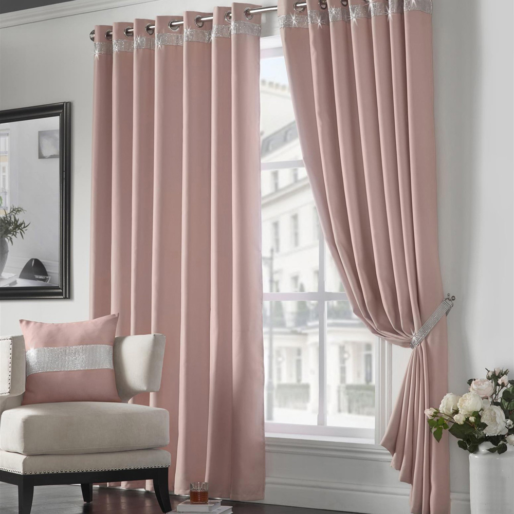Alan Symonds Palace Blush Plain Thermal Ring Top Eyelet Curtains with Diamante Band 167 x 228cm Image 1