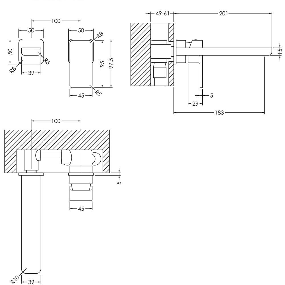 nuie Windon Chrome Wall Mounted 2 Tap Hole Basin Mixer Image 2