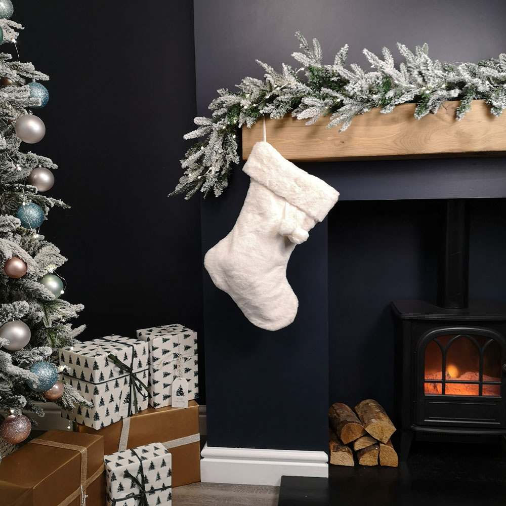 Samuel Alexander Winter White Faux Fur Hanging Christmas Stocking with Pom Poms 50cm Image 6
