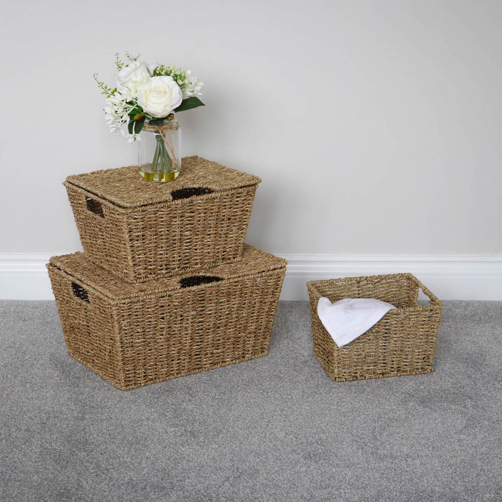 JVL Seagrass Rectangular Storage Baskets with Lids 3 Pack Image 9