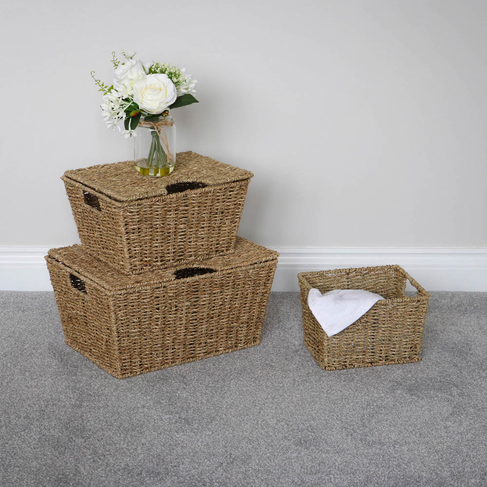 JVL Seagrass Rectangular Storage Baskets with Lids Set of 3 Image 9