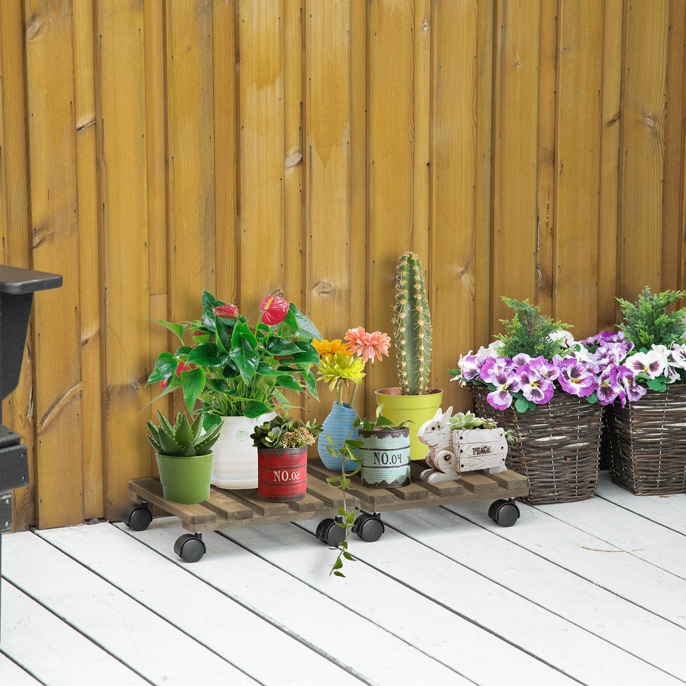 Outsunny Wooden Plant Stand with Wheels 2 Pack Image 2