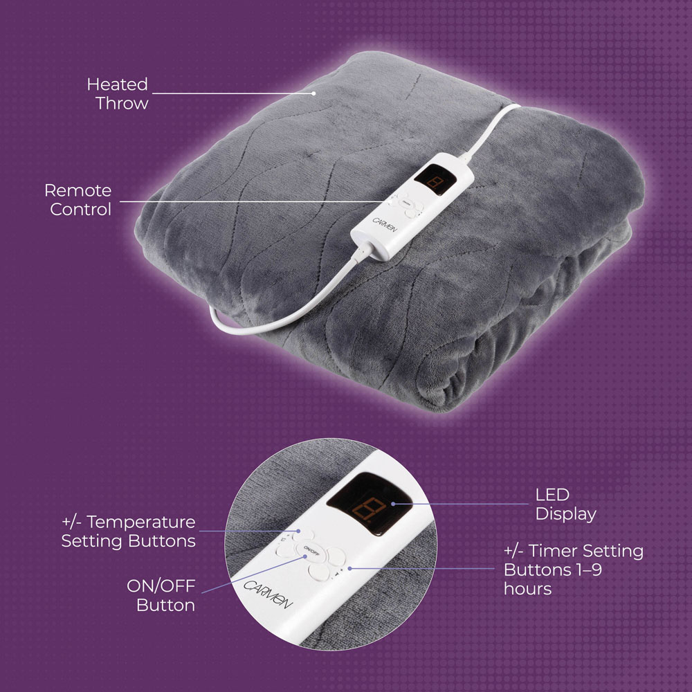 Carmen Grey Fleece Electric Heated Throw Over Blanket 160 x 130cm Image 7