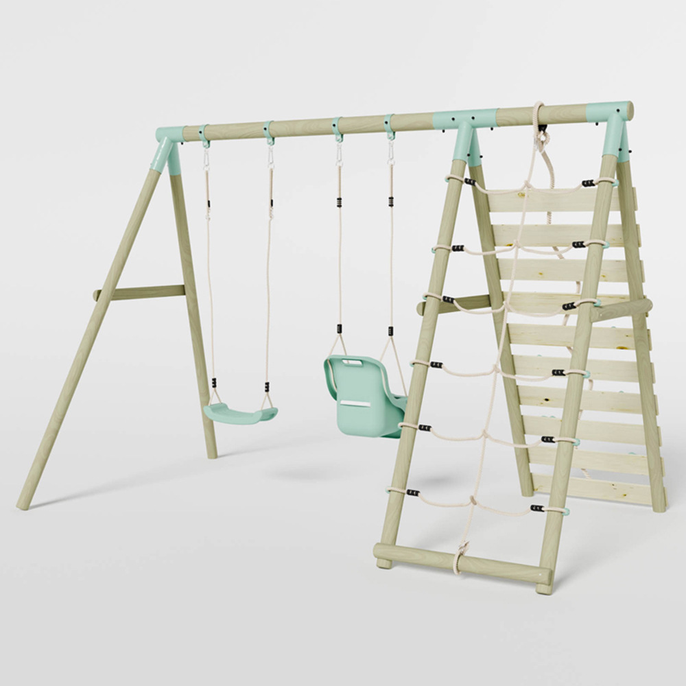 Mercia Wooden Round Pole Single Swing and Baby Seat Swing Set with Climbing Wall Image 4