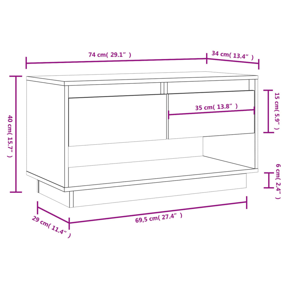 vidaXL 2 Drawer Single Shelf Grey Solid Pine Wood TV Cabinet Image 8