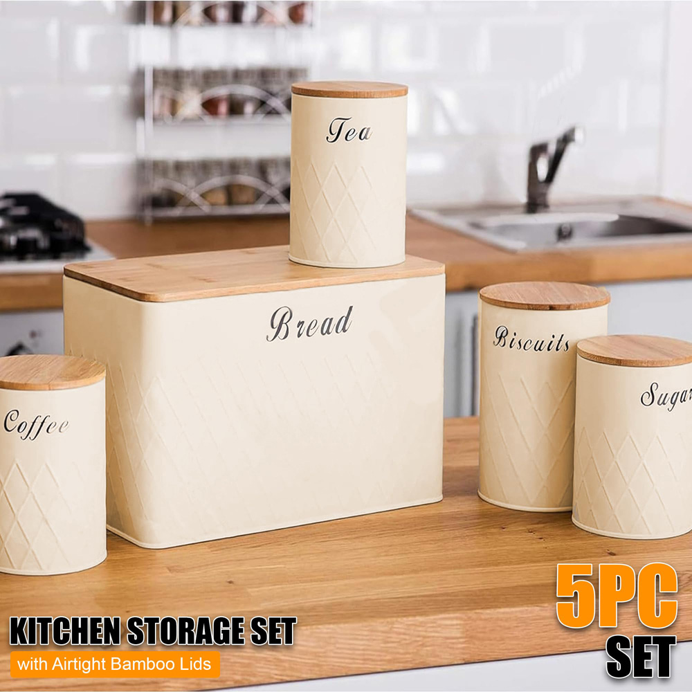 ATEK 5 Piece Cream Kitchen Canister Set with Bamboo Lids Image 2