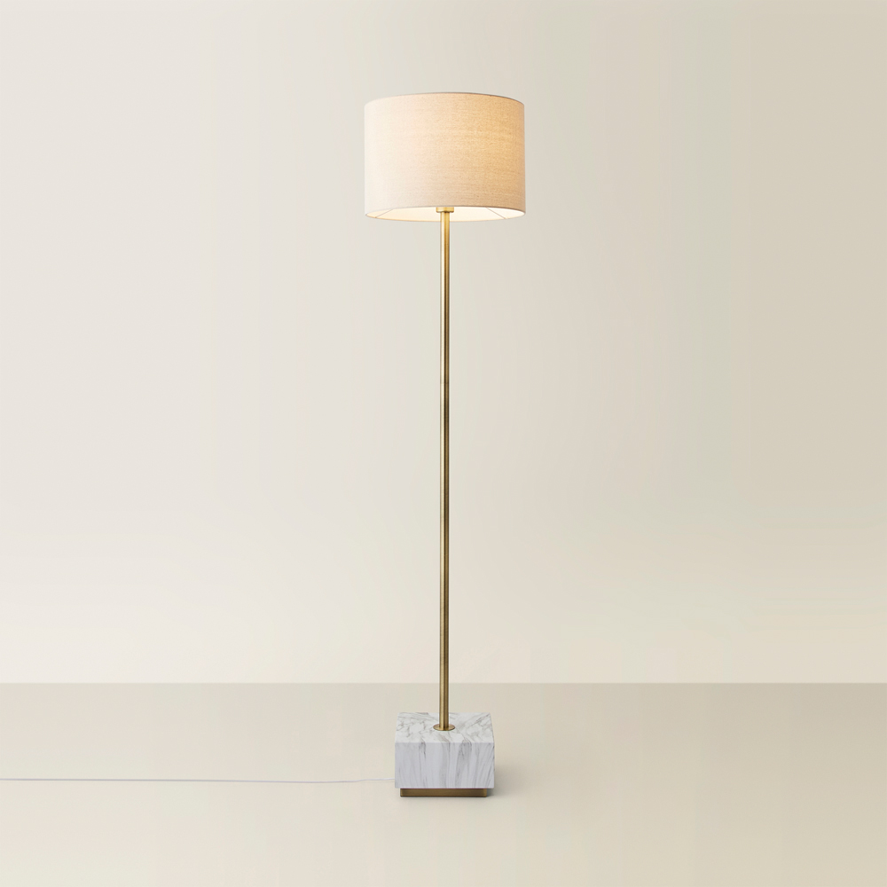 ValueLights Britney Natural Linen Drum Shade Marble LED Floor Lamp Image 5