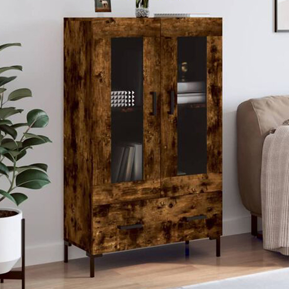 vidaXL 2 Door Glass Single Drawer Smoked Oak Highboard Image 1