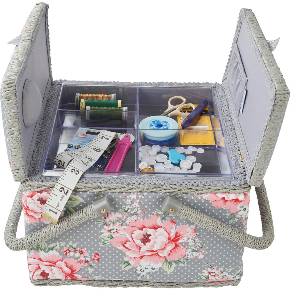 Sewing Online Grey Beautiful Bloom Print Large Twin Lid Sewing Box with Carry Handle Image 4