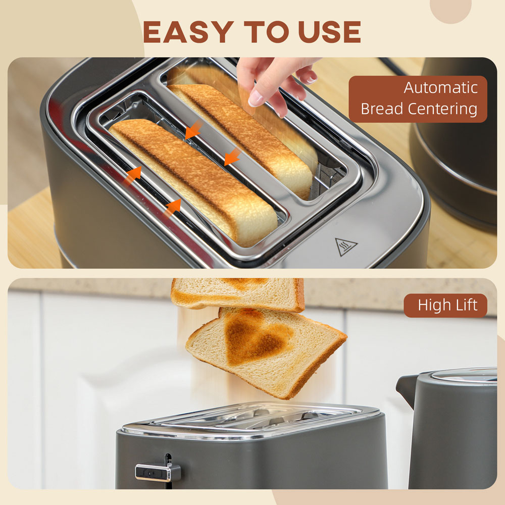 HOMCOM 800-232V70GY Grey 1.7L Fast Boil Electric Kettle 3000W and 2 Slice Toaster Set Image 4