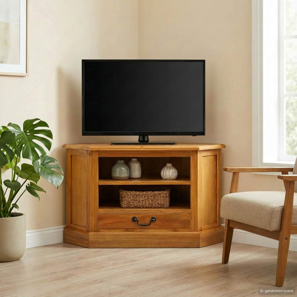 vidaXL Single Drawer 2 Shelf Natural Solid Mahogany Wood Corner TV Cabinet Image 3