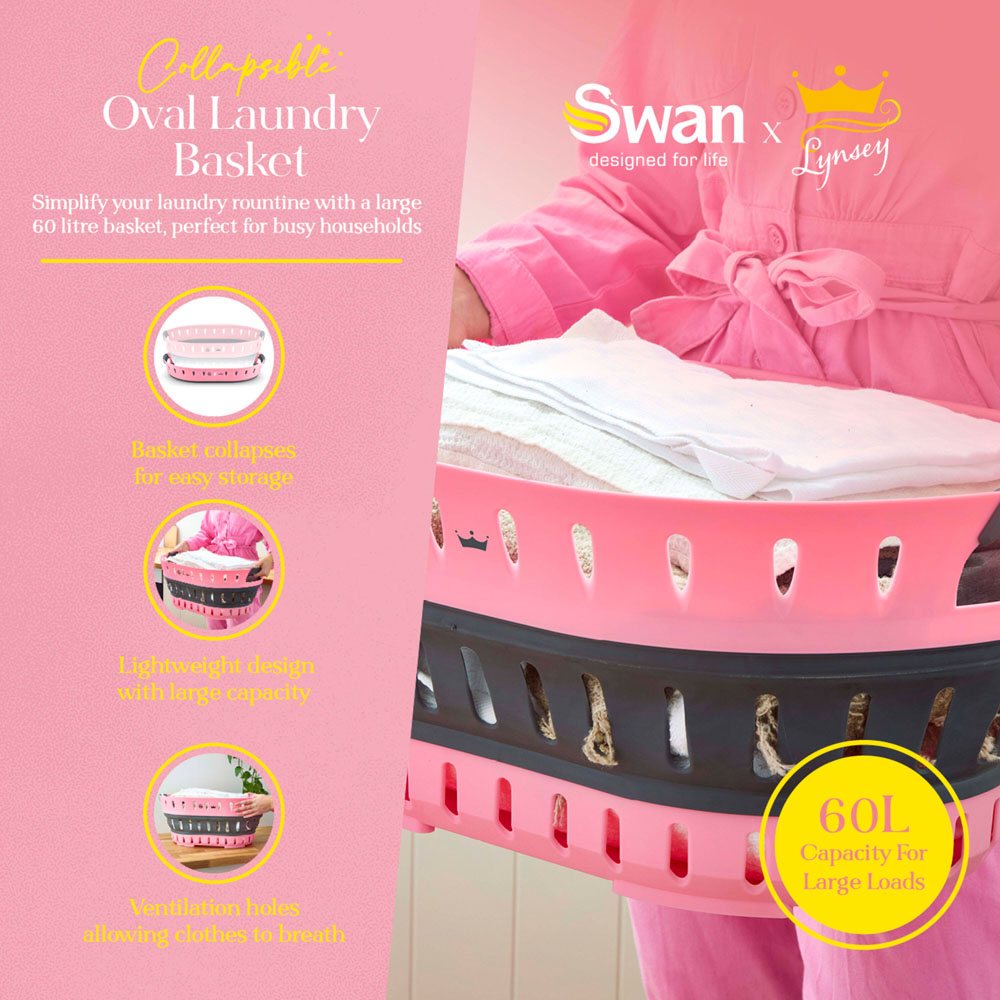 Swan x Lynsey SWLC9002QOCN Pink and Grey Oval Collapsible Laundry Basket 60L Image 3