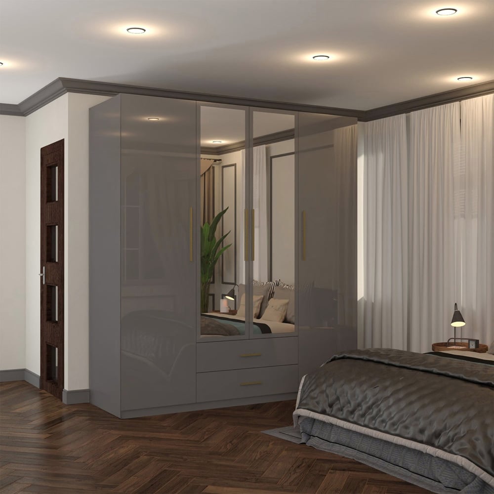 Sliding Wardrobes 4U XD1 4 Door 2 Drawer Grey High Gloss Gold Handle Mirror Wardrobe Image 3