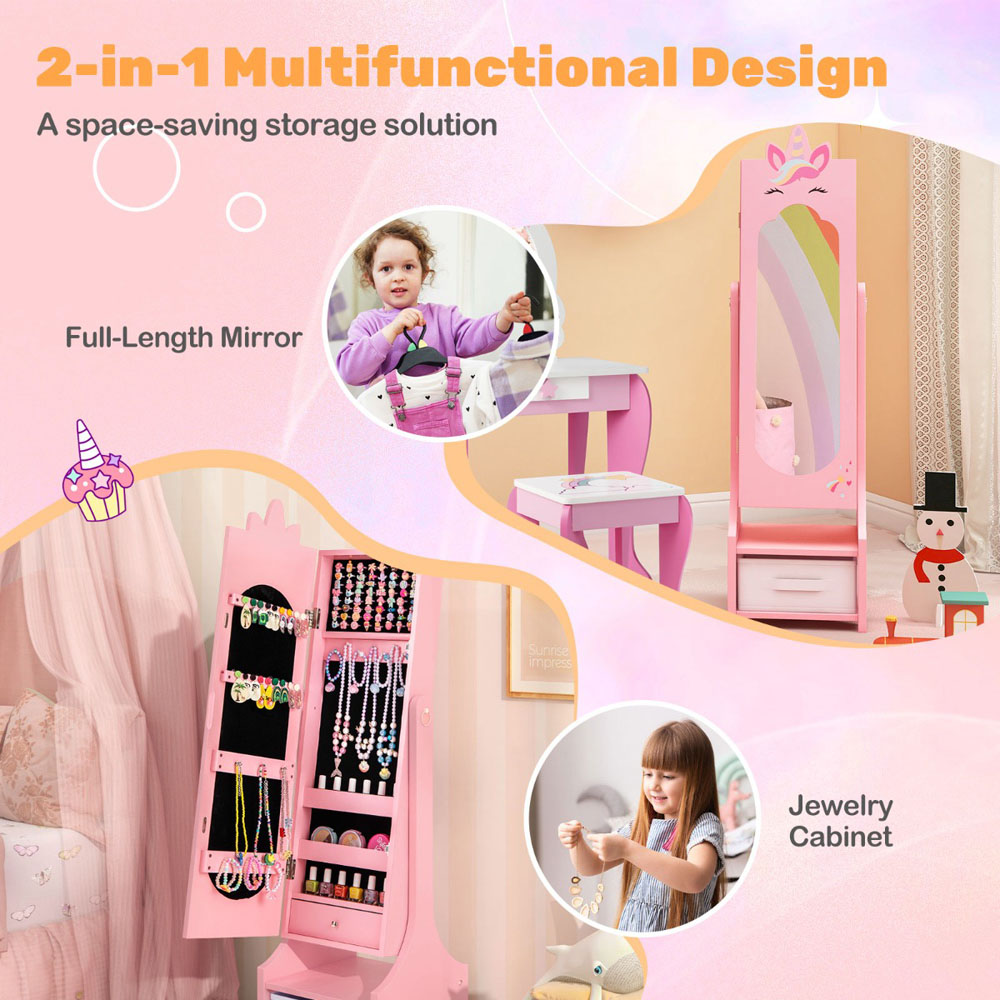 Costway Single Drawer Pink Kids Jewellery Cabinet with Full-Length Mirror Image 8