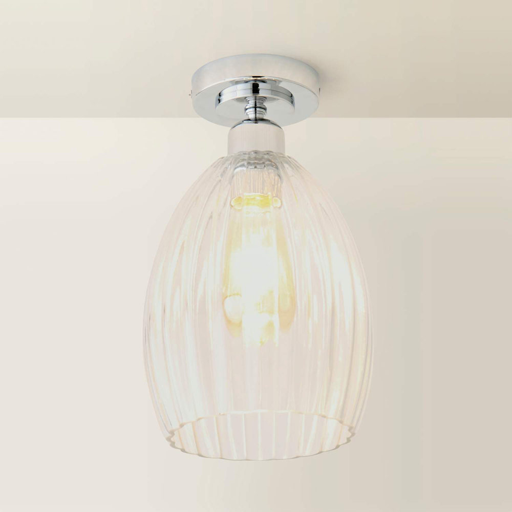 ValueLights Cheltenham Ribbed Dome Shade Chrome Flush Ceiling Light with Bulb Image 5