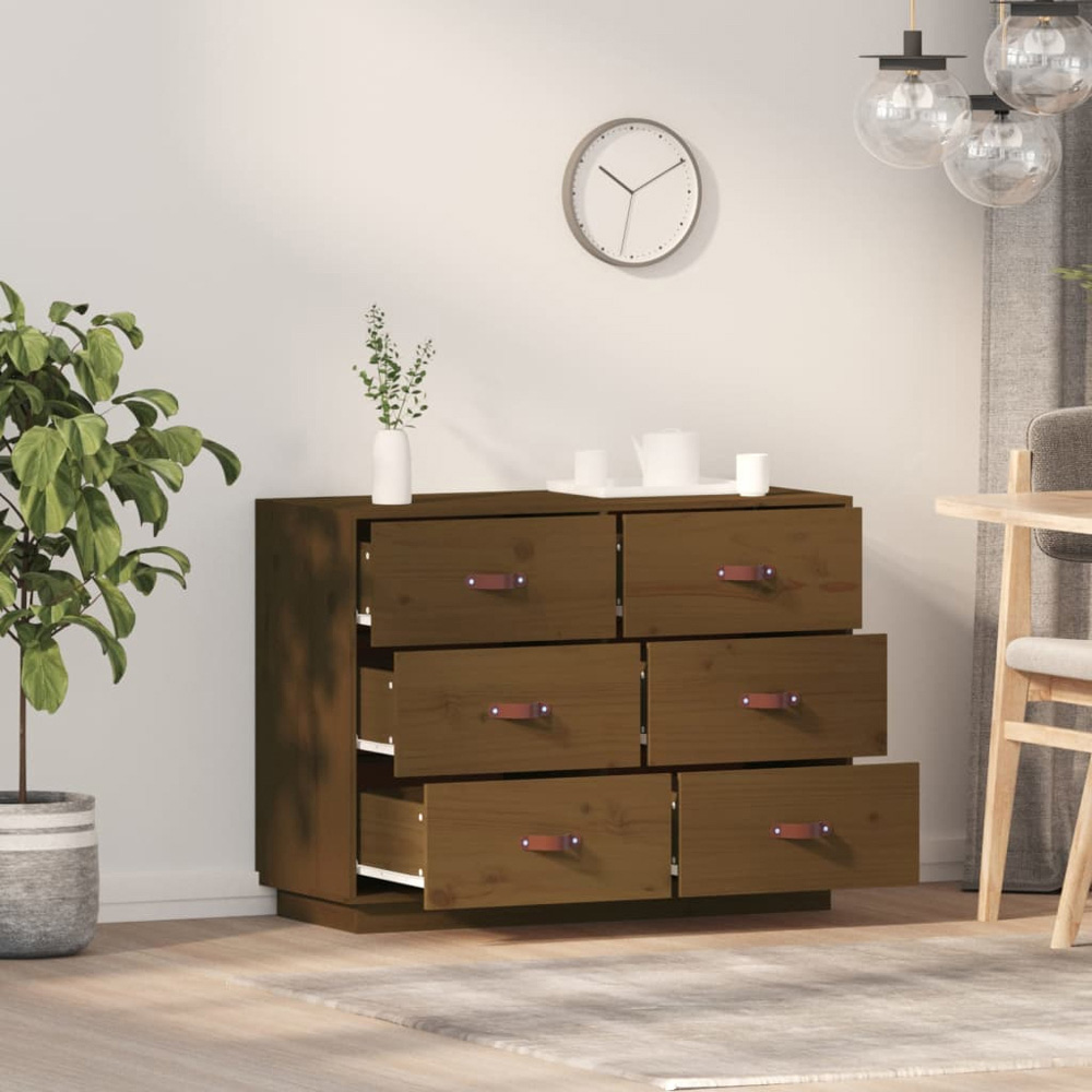 vidaXL 6 Drawer Honey Brown Pine Wood Sideboard Image 3