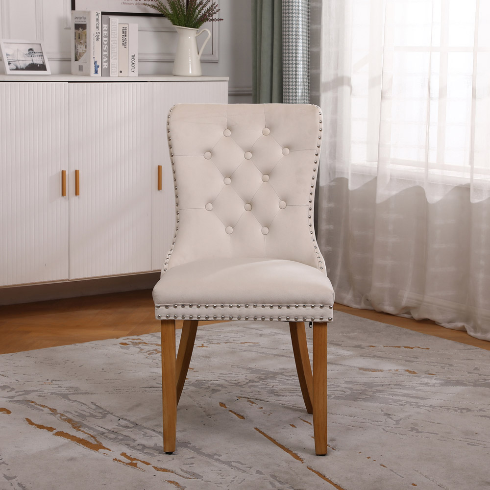 Neo Set of 2 Natural Studded Velvet Dining Chairs with Ring Knocker Detail Image 3