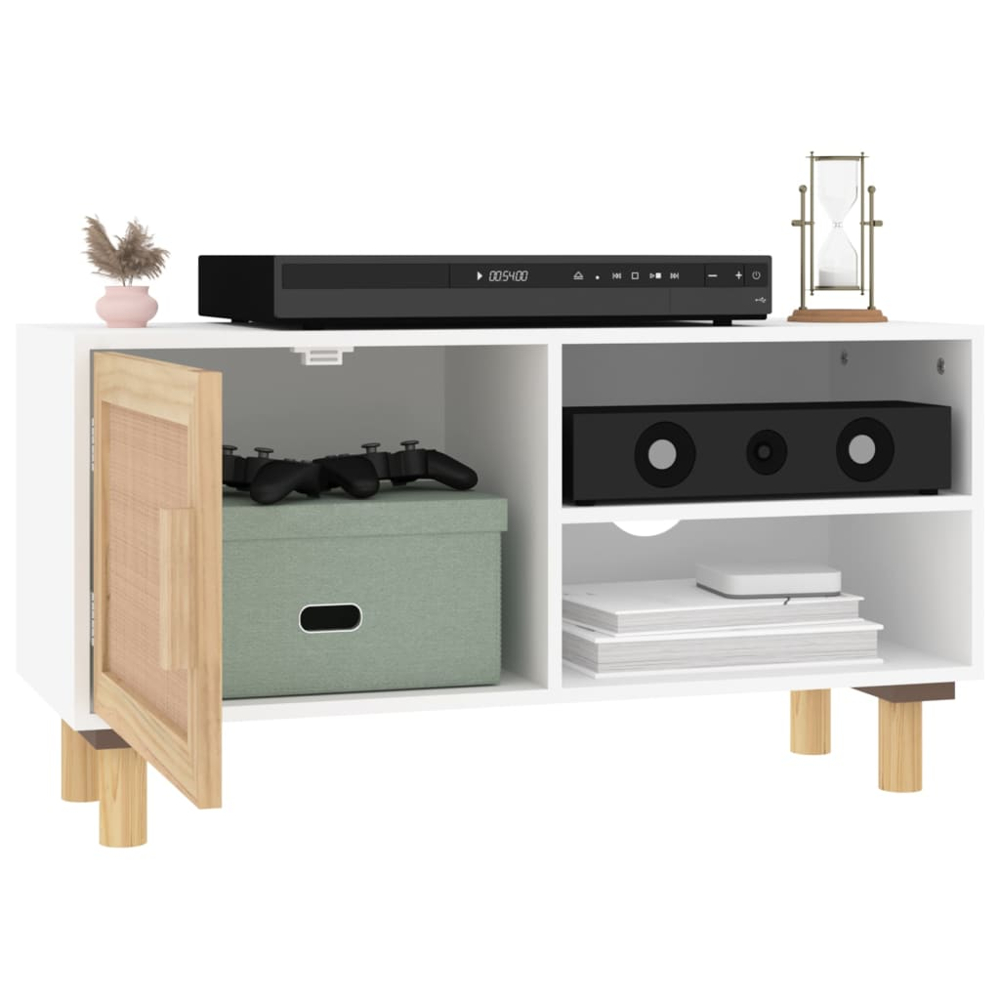 vidaXL Single Door 2 Shelf White Solid Pine Wood and Natural Rattan TV Cabinet Image 3