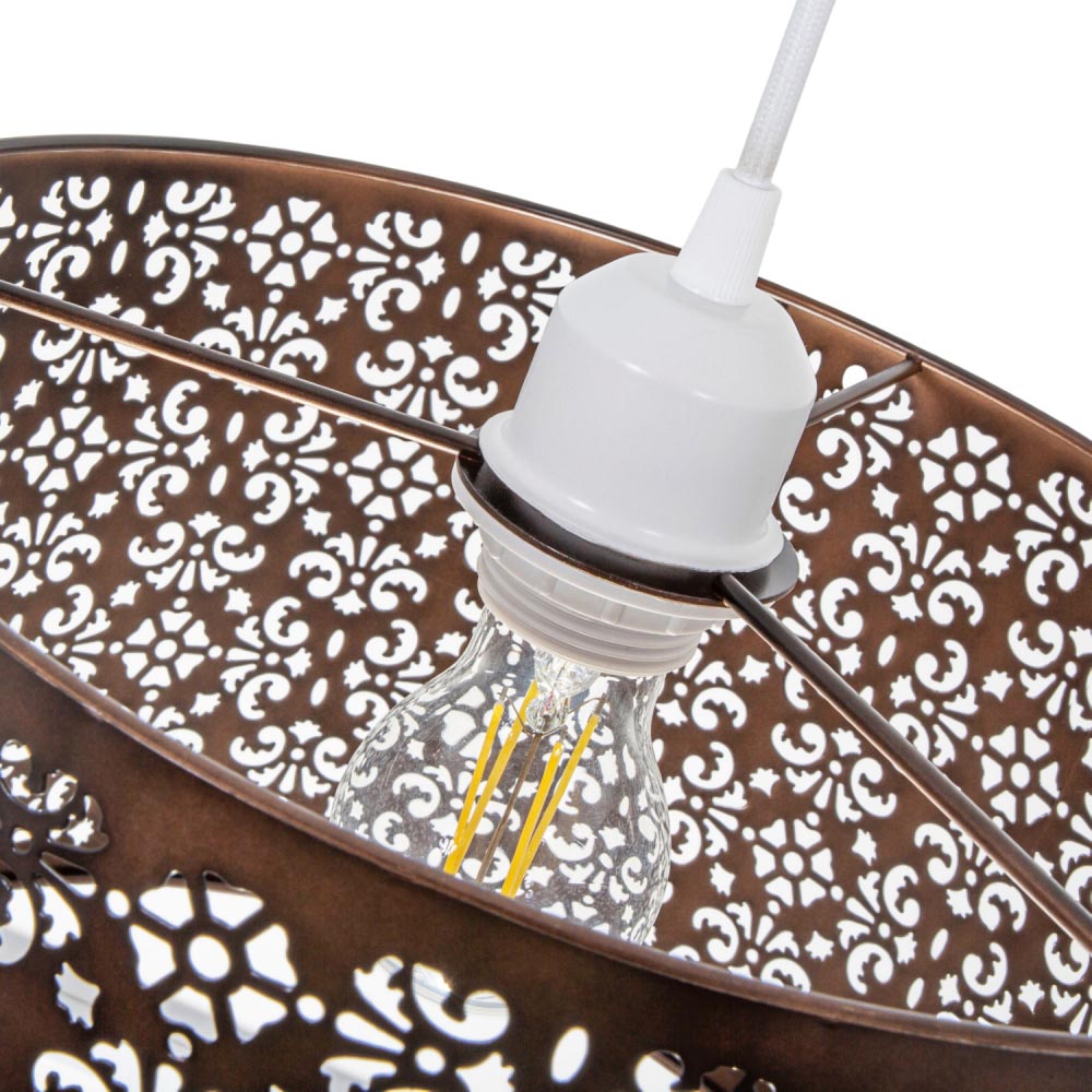 Happy Homewares Marrakech Designed Matt Bronze Metal Pendant Shade with Floral Decoration Image 5