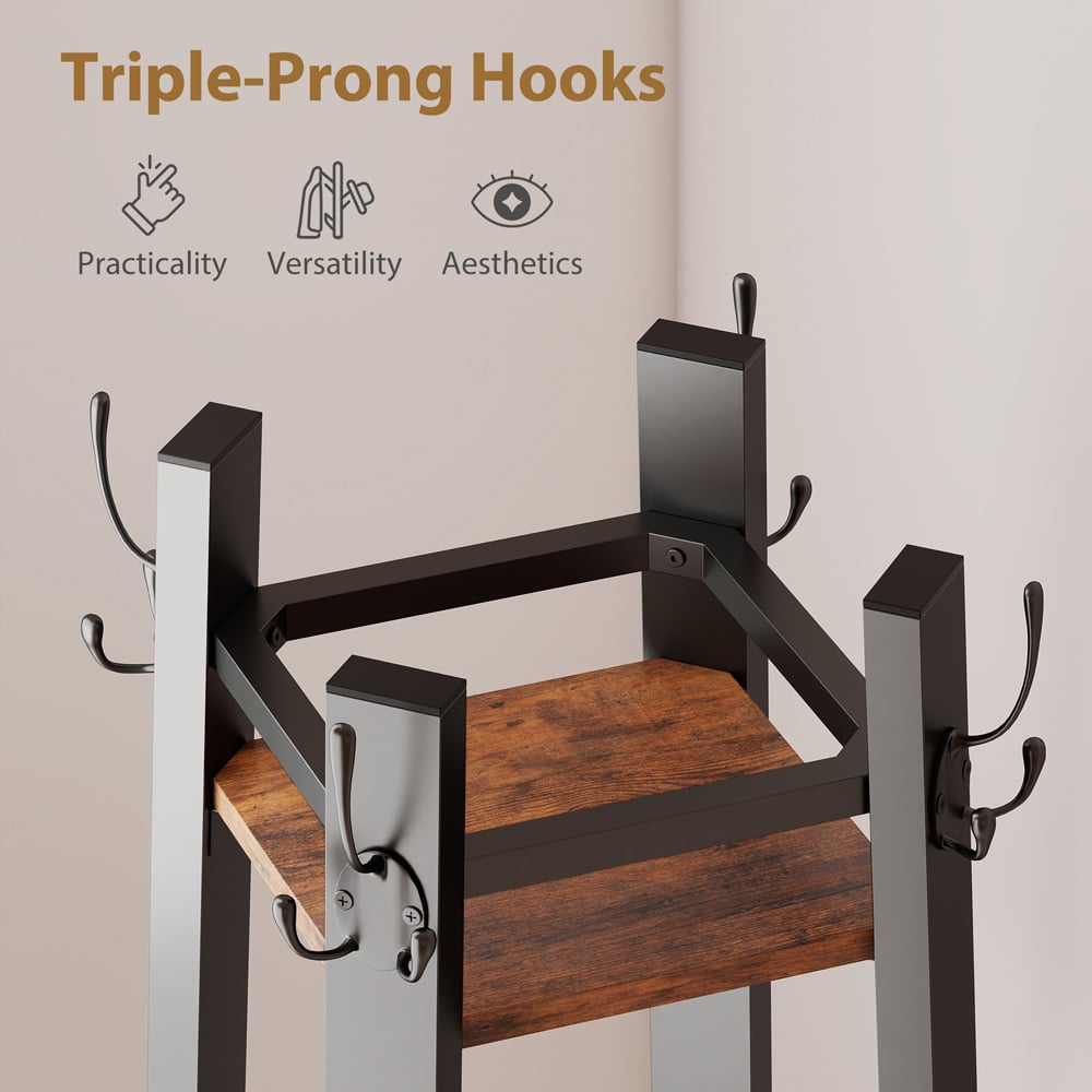 HOMCOM 4 Shelf 8 Hooks Rustic Brown Industrial Coat Stand Image 7